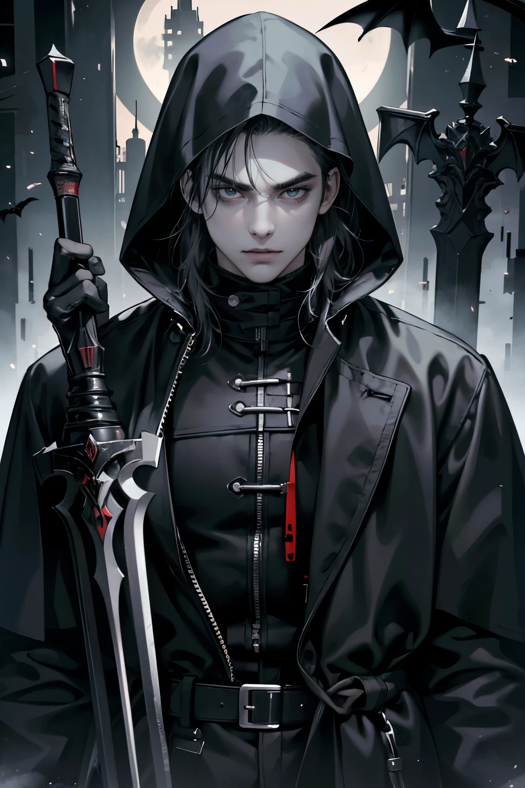 absurdres, highres, ultra detailed, masterpiece, best quality, 1male, looking at viewer, upper body, black techwear coat, hood, dark night city, detalized face, with buckle and tape, Carrying a weapon on his back, serious expression, vampire hunter