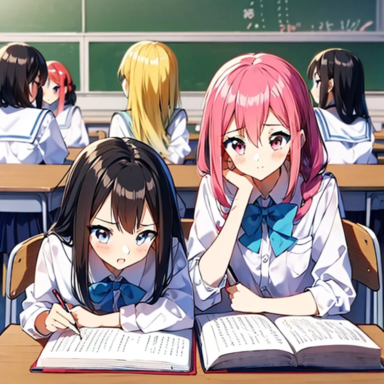 anime girls,(multiple girls:1.6),(((exam))),school classroom, test, anime style ,solve exam questions, taking notes, 