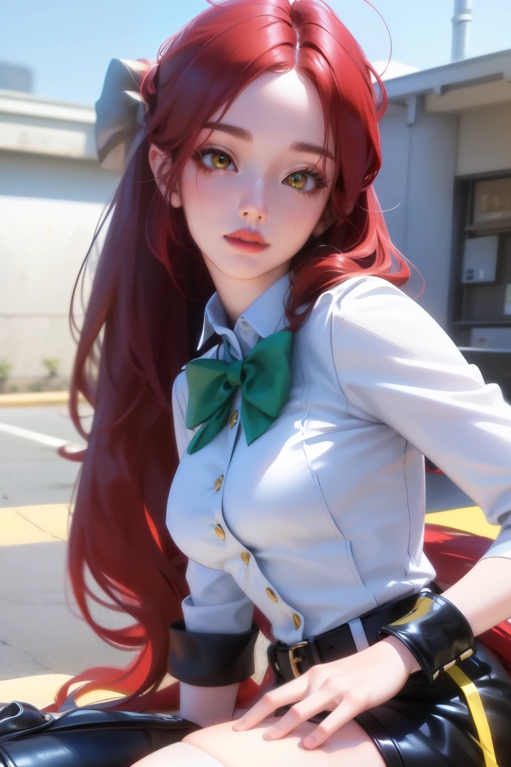 1girl, long red hair, twin  side ponytail, green hair bow, white and blue military , thigh-high stockings, leather knee-high boots, blue bowtie, vivid yellow eyes, (best quality,4k,8k,highres,masterpiece:1.2),ultra-detailed,(realistic,photorealistic,photo-realistic:1.37),intricate details,highly detailed face and eyes,sharp focus,physically-based rendering,professional digital art,vibrant colors,soft lighting, medium breasts, slim waist, medium hips, 