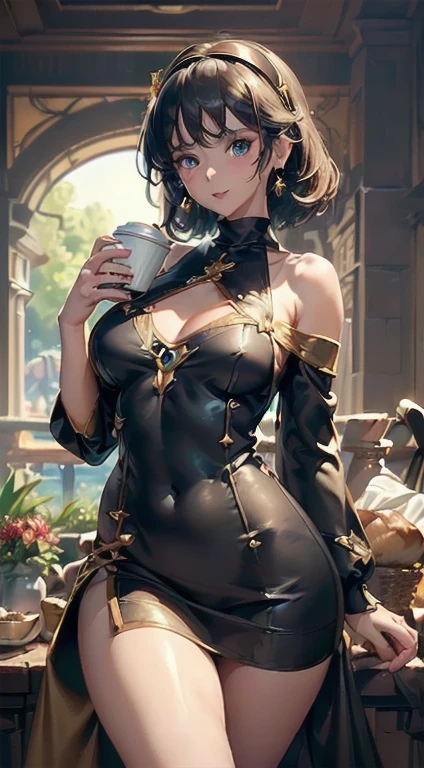 (perky chest:1.2), (pointed chest:1.2),(((Black Tunic:1.3))),(((cakes and bread in the basket),Cute and beautiful girl,Cute round face,Cute smile,with blush cheeks,Red Lip,solo, looking at viewer, open mouth, have a cute grass of cute beergrass,black hair, dark green eyes, dress, bare shoulders, jewelry, collarbone, sidelocks, hairband, earrings, indoors, off shoulder, sweater, arms behind back, plant, short hair with long locks, gild hairband, off-shoulder dress, sweater dress, off-shoulder sweater, black sweater, dark gord hair, big side hair, very long side hair,is rendered in (masterpiece: 1.2, best quality), with (ultra high resolution) and an exquisite (depth of field),(Bangs are see-through bangs),hair pin,hair adornments,detailed clothes features,Detailed hair features,detailed facial features,(Dynamic angles),(Dynamic and y poses),Cinematic Light,(masutepiece,top-quality,Ultra-high resolution) ,(The 8k quality,Anatomically accurate facial structure,),(Sea Art 2 Mode:1.3),(Image Mode Ultra HD) ,(Hold a coffee in your hand:1.3),delicate beautiful face, Bright blue eyes, cute eyes, sparkling eyes, Big eyes, (perky chest:1.1), (pointed chest:1.3), looking at viewer, 