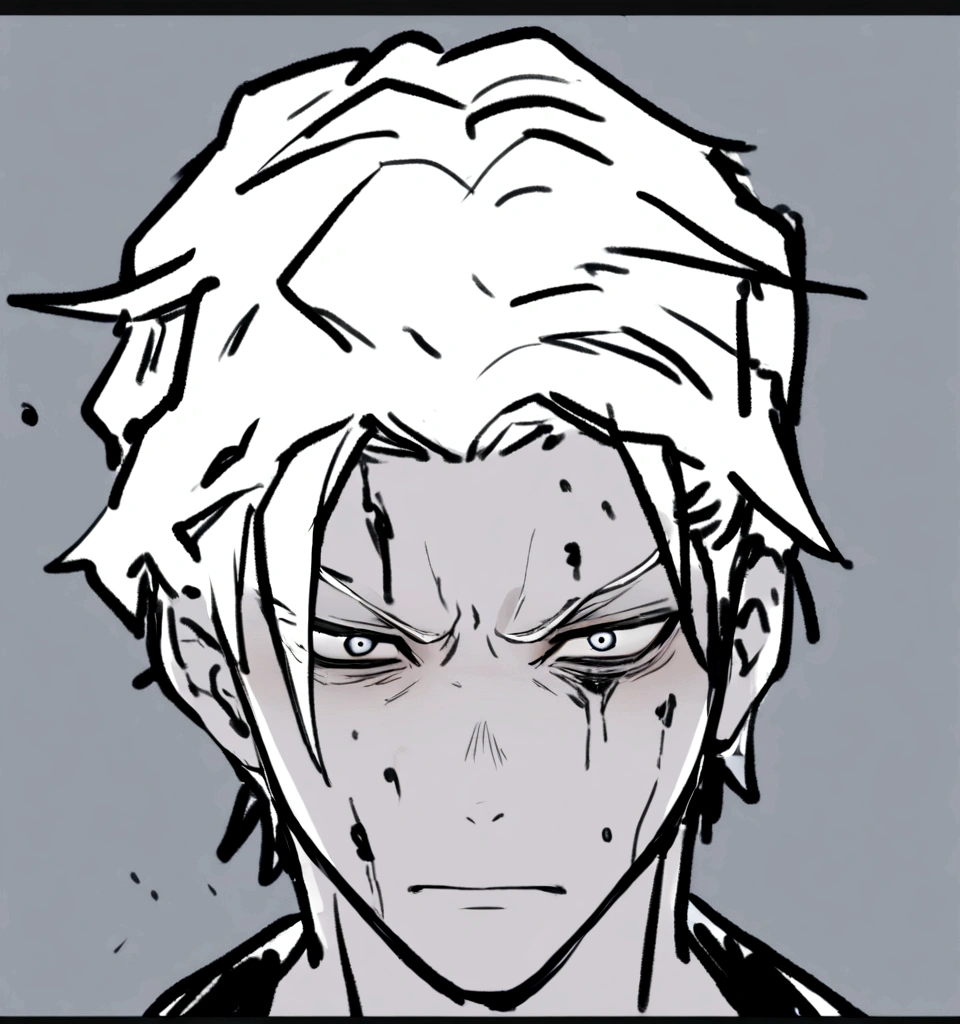 male boy, white hair, hurt and bad face, neutral look