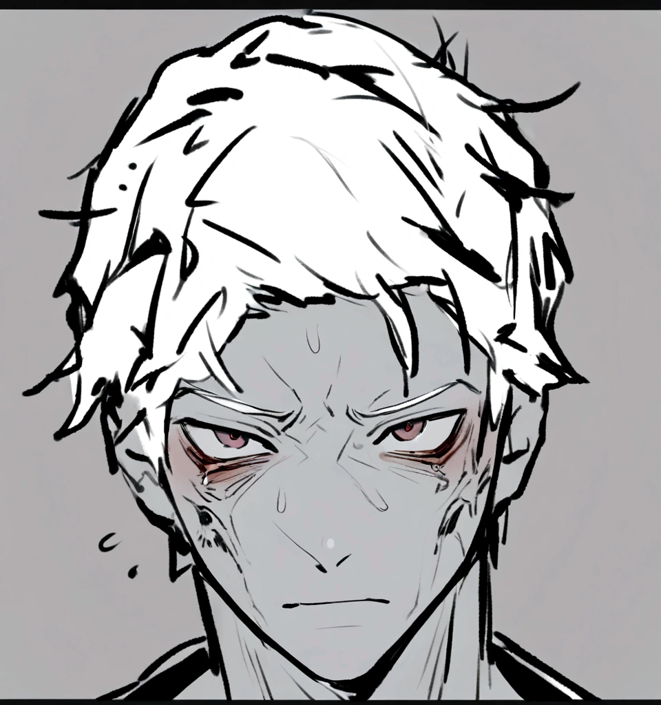 male boy, white hair, hurt and bad face, neutral look