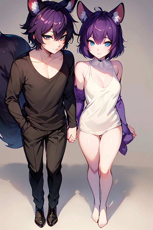 (adulthood), (hands grabbing chest), furry, black hair, super cute face, Detail elements on the fur, Bright T-shirt, beautiful lights and shadows, black fur, fennec species, heterochromia, long and fluffy tail