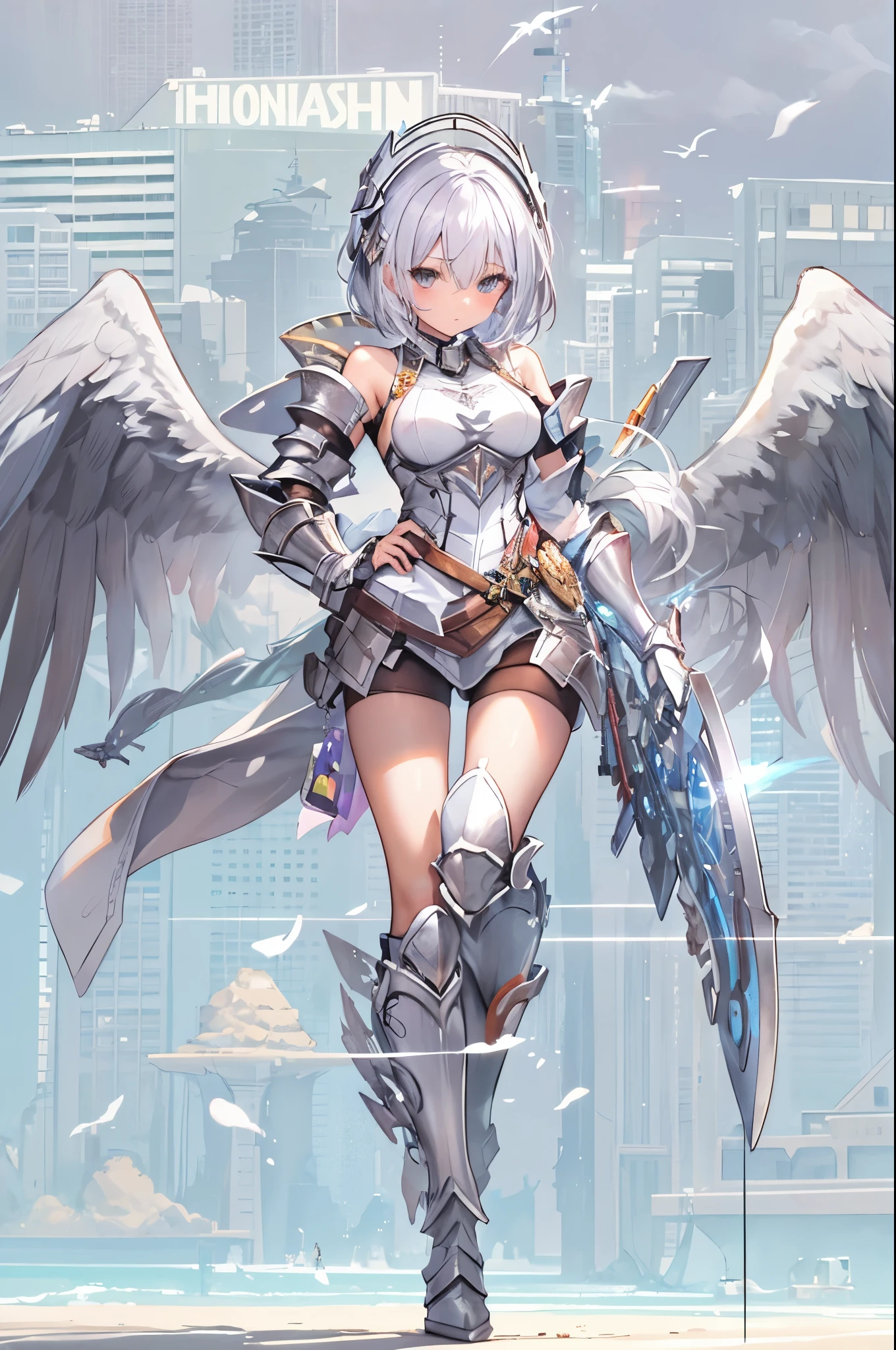 fantasy, 1angel_girl,young_, ,silver_hair, short_hair, long_bangs, halo,bare_shoulder,thighhighs,silver_armor, waist_armor, large_breasts,half_eyes,1pair_wings, dynamic_pose_fighting,floating, bare_crotch, headgear,gauntlet, greaves,city_background,slightly_spread_legs, solo, groin_naked,tan_skin,