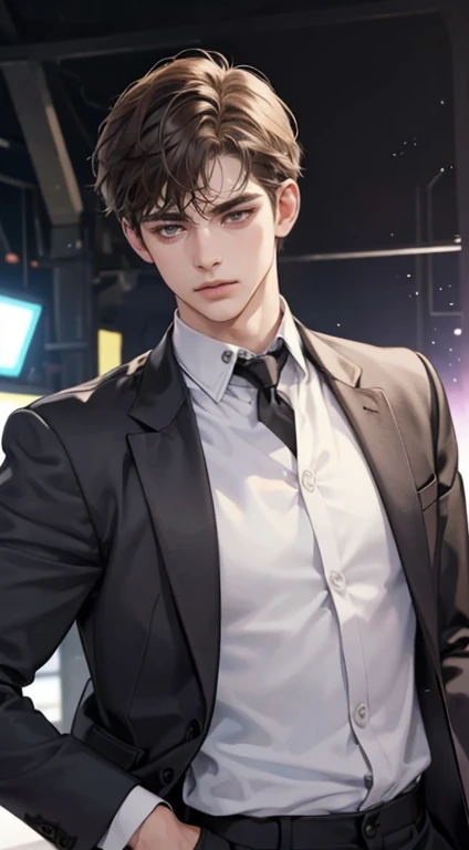 masterpiece, best quality, realistic, 1man, mature male, quiet and charming young man, 25 years old, close his eyes, serious look, extremely detailed face, ((dark grey eyes)), ((short-right-swept dark brown hair)), [thick eyebrows], detective, plain background, ((suit)), cinematic lighting, looking at the audience, posture dynamics