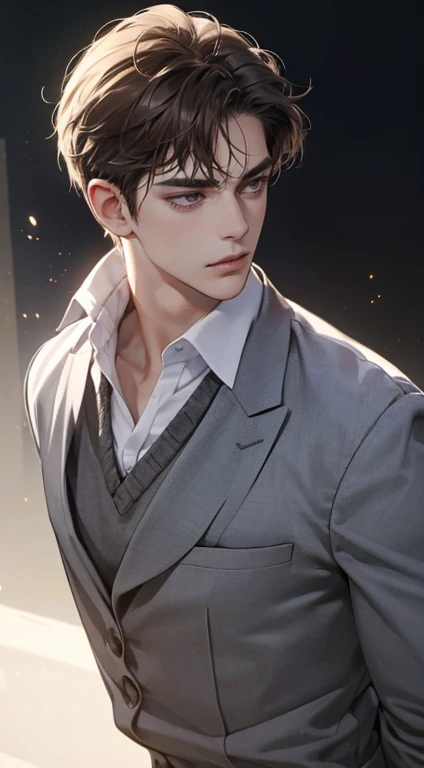 masterpiece, best quality, realistic, 1man, mature male, quiet and charming young man, 25 years old, close his eyes, serious look, extremely detailed face, ((dark grey eyes)), ((short-right-swept dark brown hair)), [thick eyebrows], detective, plain background, ((suit)), cinematic lighting, looking at the audience, posture dynamics