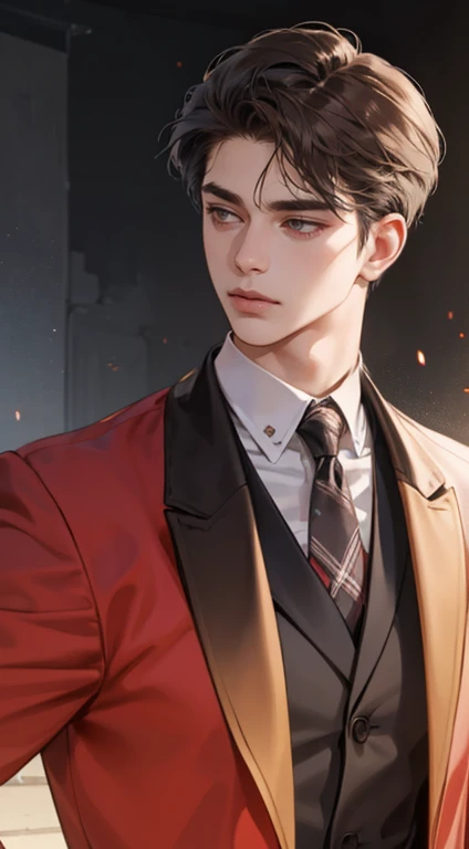masterpiece, best quality, realistic, 1man, mature male, quiet and charming young man, 25 years old, close his eyes, serious look, extremely detailed face, ((dark grey eyes)), ((short-right-swept dark brown hair)), [thick eyebrows], detective, plain background, ((suit)), cinematic lighting, looking at the audience, posture dynamics