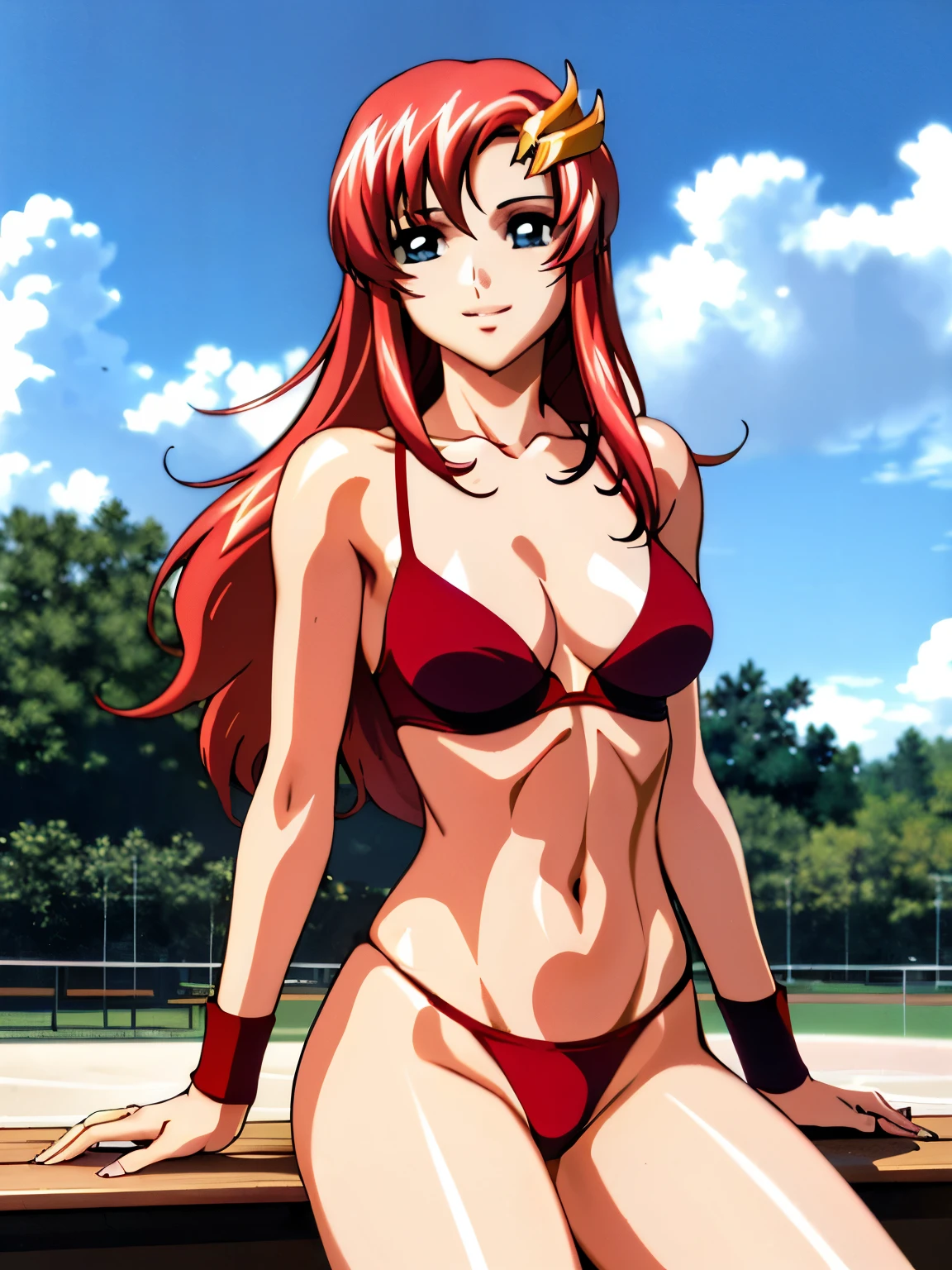 lacus4, (red bikini, running, string thong, thin girl, masterpiece, cowboy shot, very slim shoulders, 4K, Best Quality, Anime style: 1.9, happy, Adult Woman, (ultra detailed head), (Crowd, cloud background), Drawing lines, high resolution, lacus4), 1girl, Solo, curvy figure, clavicle, scapular, (Detailed wide hair bangs, Hair Ornament, Detailed reddish-pink hair, shiny streaks, slim arms, detailed golden crest), cleavage, large hands, (hair cover shoulders). (Big blue eyes, shiny eyes), ((female wrestler, (slim body), slim arms, SITTING on bench, thighs)), ((perfect proportions, medium-small breasts, medium thighs, long belly)), ((totally red bra, red arm band, red arm band)), smile with a wink, (standing, hot colors), detailed fingers, (bare shoulders)
