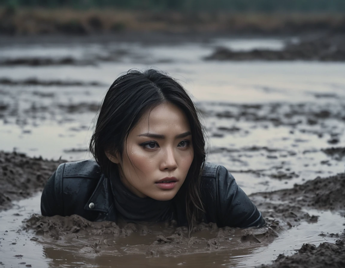 8k, ultra-detailed, documentary drama photo, grainy film photo, masterpiece,muted colors, muffled light, dusk, rainy, moody, noir, woman head completely drown in the bottom of mud hole, light turtleneck, orgasm expression, loosing control of herself, beautiful long brunette hair,  depraved outfit, asian:0.5, fetishistic makeup, full frame, messy leather biker jacket