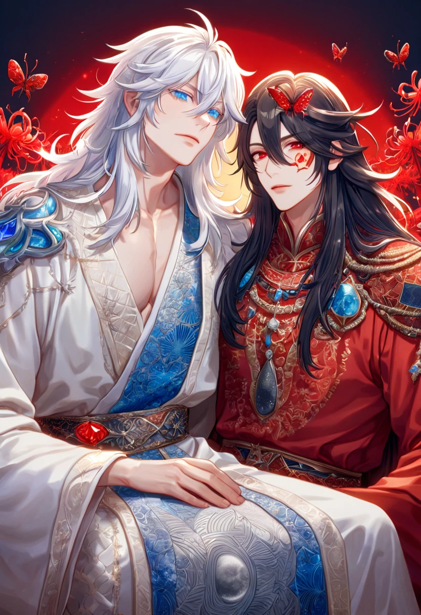 absurdres, highres, ultra detailed, HDR, master piece, best quality, extremely detailed face, delicated features, Xue Yu, untamed spiky hair, black long hair, hair between the eyes, expressive red eyes, Thousand Years War, Gojou Satoru, white long hair, expressive blue eyes, two sexy men sitting together, gay couple, yaoi, handsome, toned chest, black cape, red robes, white robes, accessories, patterns, red sky, red butterflies, red spider lilies, fantasy, magical, radiant moon
