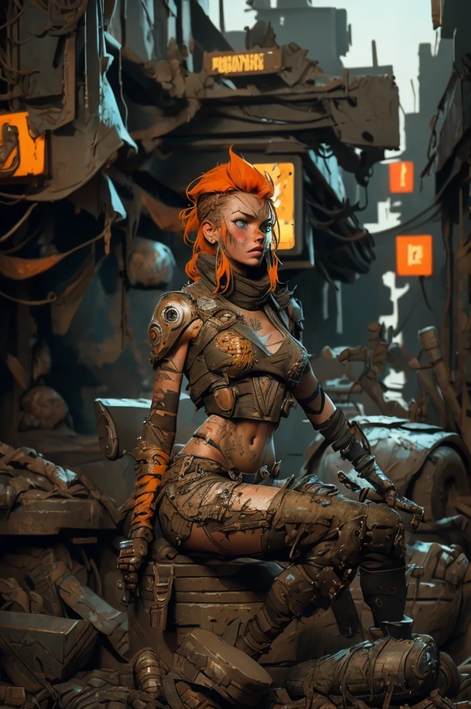 A highly detailed and realistic skull girl,( Anya. Taylor Joy) cyberpunk character, mad max furiosa, one hand robot, cyborg arm, orange hair, dramatic metal heavy rock theme, best quality, 8k, hyperrealistic, photorealistic, extreme detailed painting, studio lighting, vivid colors, dark moody atmosphere, cinematic, dramatic pose, intricate mechanical details, glowing energy effects, intense gritty textures, seamless integration of organic and inorganic elements. Wearing the used clothes of a wastelander. Background: An apocalyptic wasteland. Dusty and depressing., sexy pose, walking