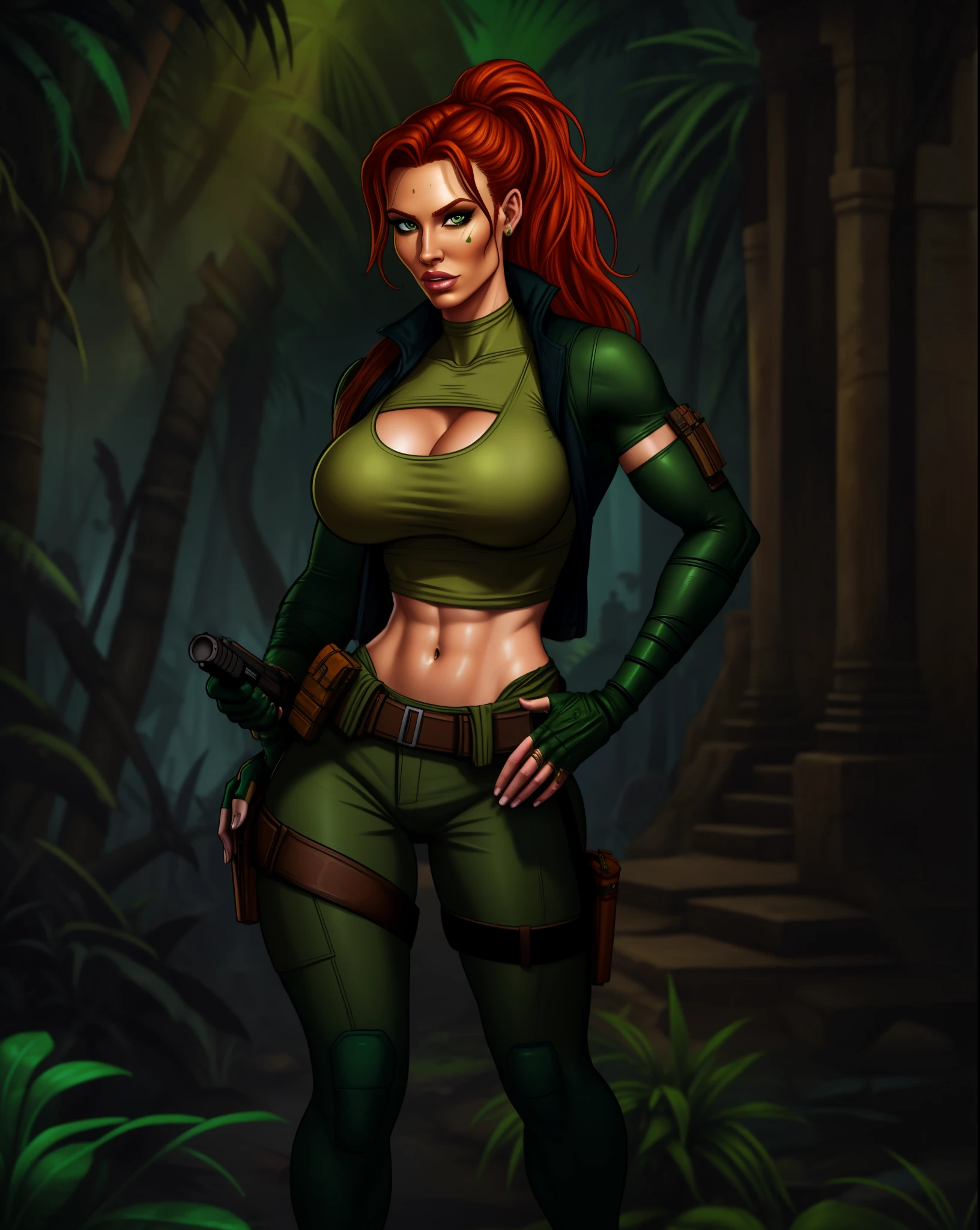 Jennifer Korbin, ginger hair, cosplaying lara croft, tan shorts, green top, jungle temple,