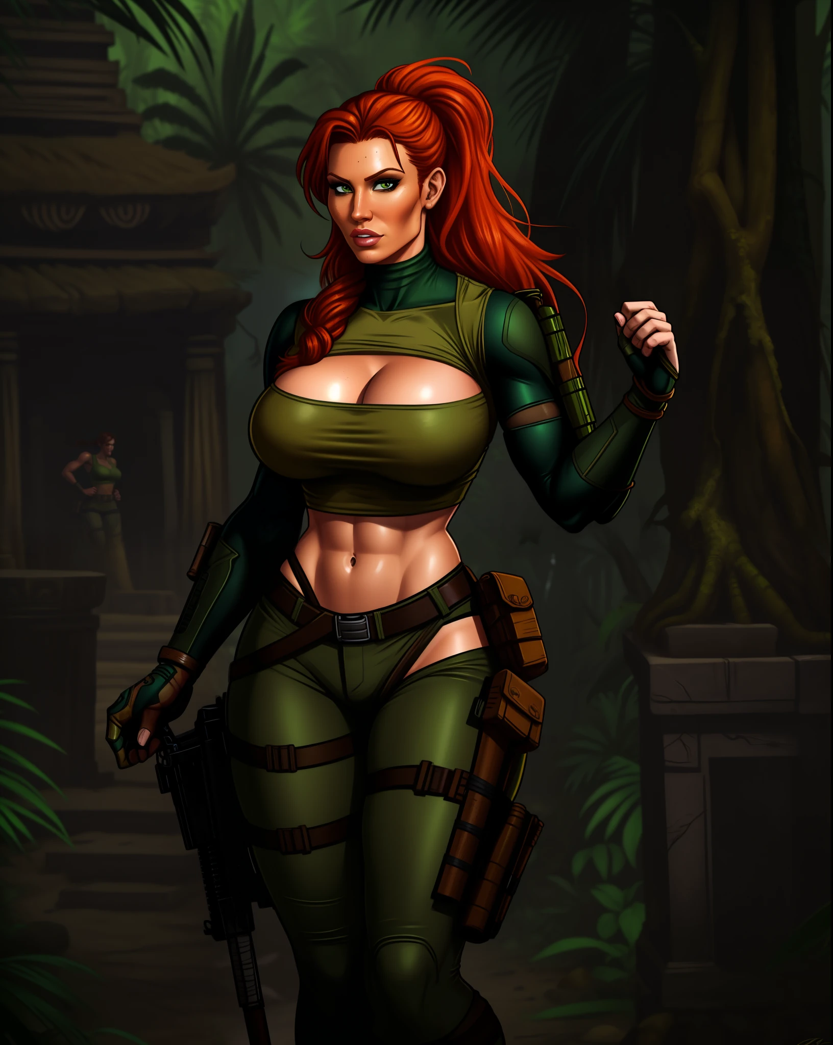 Jennifer Korbin, ginger hair, cosplaying lara croft, tan shorts, green top, jungle temple,