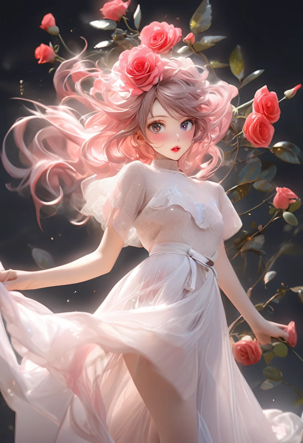 multiple exposure, masterpiece:1.2, highest quality, highres, 16k, beautiful detailed, ultra-realistic, photo realistic:1.37, beautiful and cute girl, dancing flamenco, holding a single rose in her mouth, growing glay eyes, shining pupils, blushed cheek, shiny rosy lips, beautiful delicate(hair, face, eyes, pupils, clothes, ), full-body view