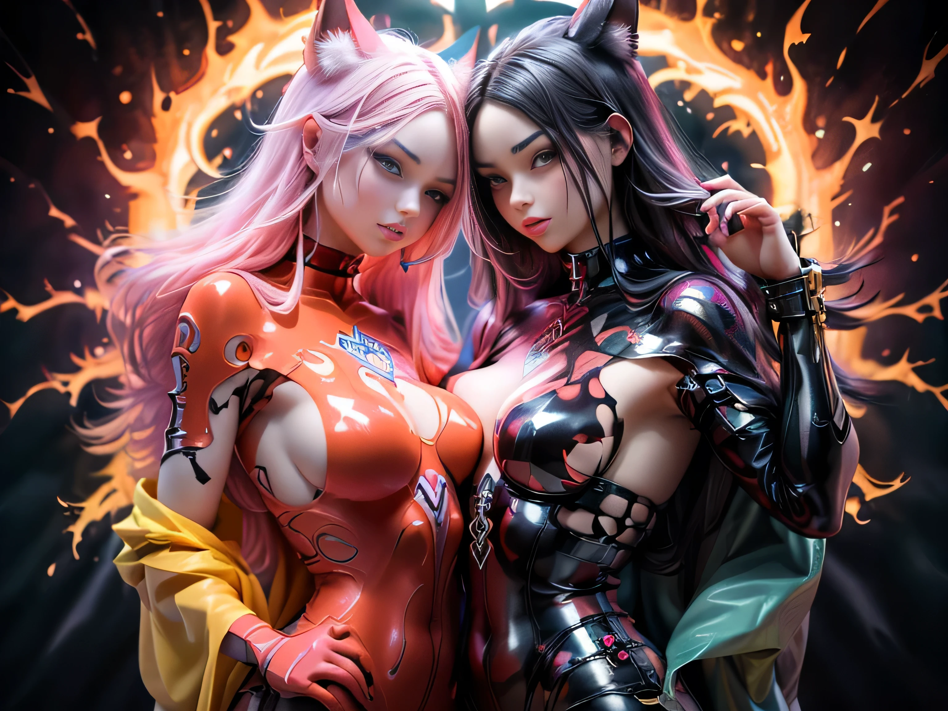 (Best Quality, 8K, Masterpiece, HDR, Soft Lighting, Picture Perfect, Realistic, Vivid), Nine tails of snow white fox(1.0), milk fox tail(1.0), nine tailed fox, anime girl with pink hair and pink, dressed in sexy leather suit, beautiful fantasy anime, very beautiful and cute fox girl, pink flower rain, background blur, anime fantasy, work in the style of Gouves, realistic:1.37, view from above, lies in pink flowers, horizontal view, (ultra high quality fantasy art), masterpiece, male model, ultra high quality female character designs, anime art with 8k development, realistic anime art, highest quality wallpaper illustrations, complex ultra high quality accurate female characters faces, high quality design and accurate physics (super-quality fantasy style)), art, dark fantasy)) Style), masterpieces, super-quality characters, anime resolution - 8K, realistic anime art, wallpapers with the highest quality illustrations, ultra-high detail of faces, high-quality design and physics accuracy), color, depth of field, shadows, ray tracing, production of high-quality computer wallpapers and 8K resolution, (Accurate simulation of the interaction of light and materials)], [High-quality detailed hair [More about beautiful and shiny red hair]], (Beautifully detailed hands [perfect fingers [Perfect nails]], (perfect anatomy (perfect proportions)))) [[Full length]], [Perfect color combination (Accurate imitation of the interaction of light and material)], [art that conveys the meaning of the story ]
