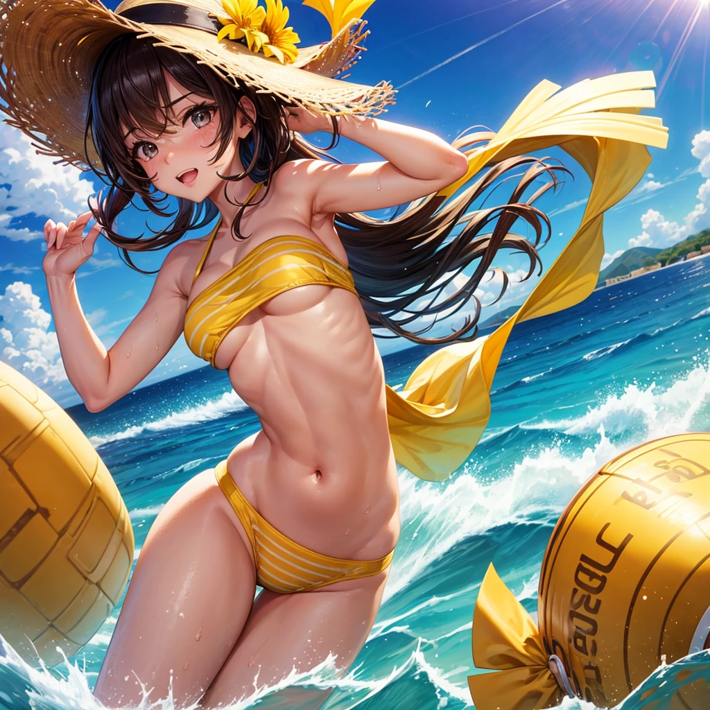 1_girl, solo, sksbrooke person, sksbrooke, (masterpiece:1.2), (best quality:1.2), perfect eyes, perfect face, 1girl, solo, brown eyes, (medium breasts), perky breasts, yellow stripe bandeau top and Brazilian bottom bikini set, beach background, splashing in the water, back turned 