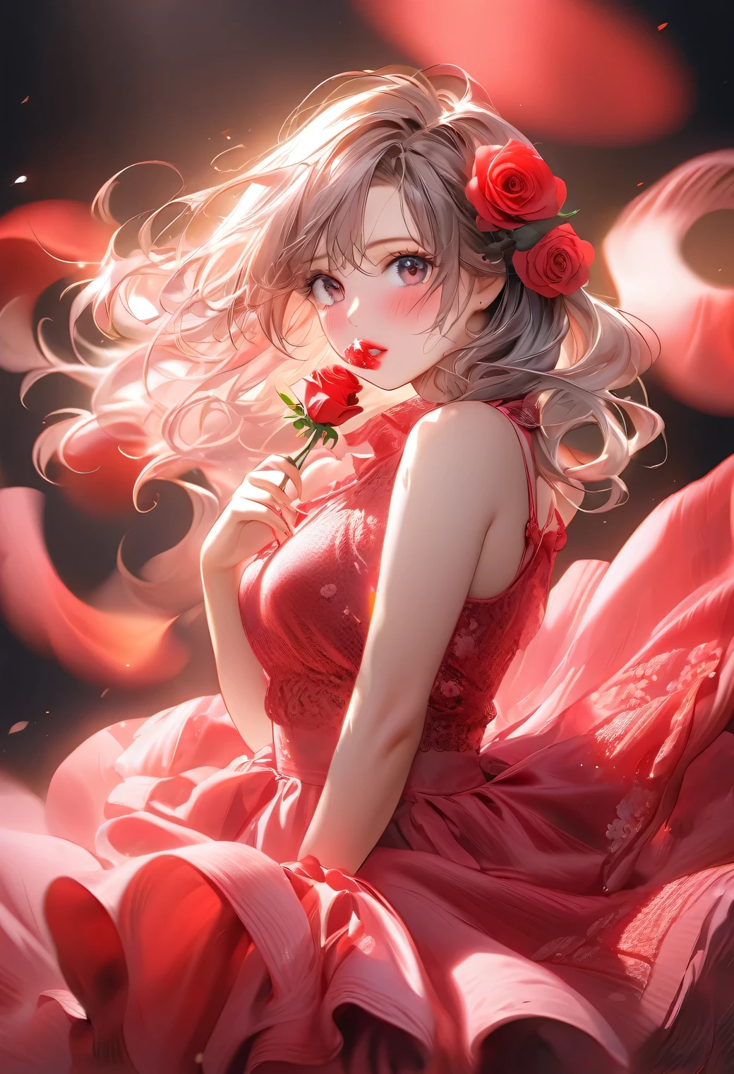 multiple exposure, masterpiece:1.2, highest quality, highres, 16k, beautiful detailed, ultra-realistic, photo realistic:1.37, beautiful and cute girl, dancing flamenco, holding a single rose in her mouth, growing glay eyes, shining pupils, blushed cheek, shiny rosy lips, beautiful delicate(hair, face, eyes, pupils, flamenco costume, ), full-body view