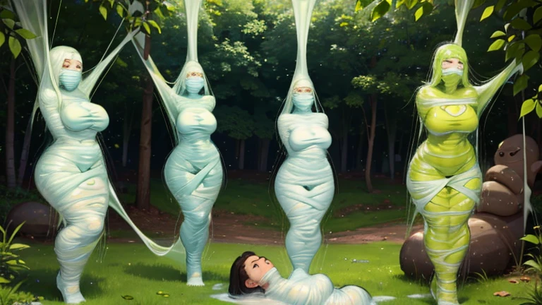 5 girls, trapped within sticky slimy cocoons made of silk, suspended, surrounded by spiders