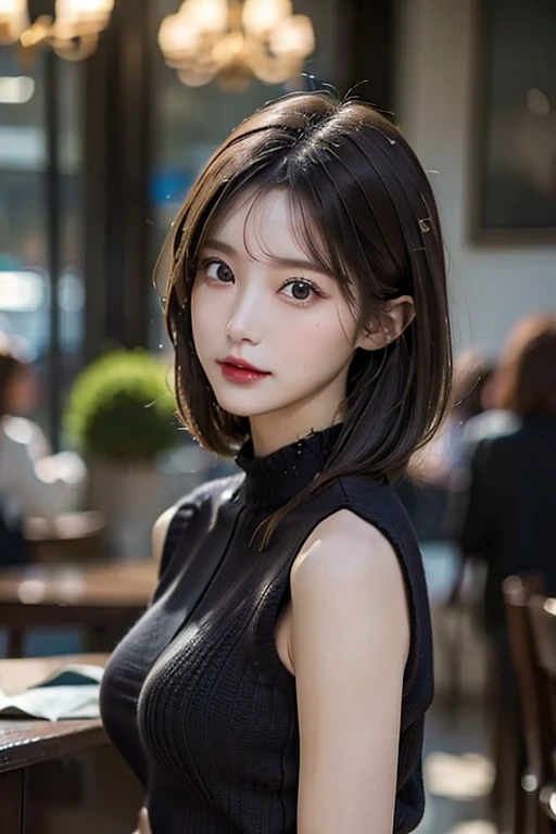 ((highest quality)), ((masterpiece)), (detailed), One girl, sexy,Real,4K quality,knit,Dark brown hair,slender,Detailed face,Beauty,(whole body),Office lady suit,Arms up,