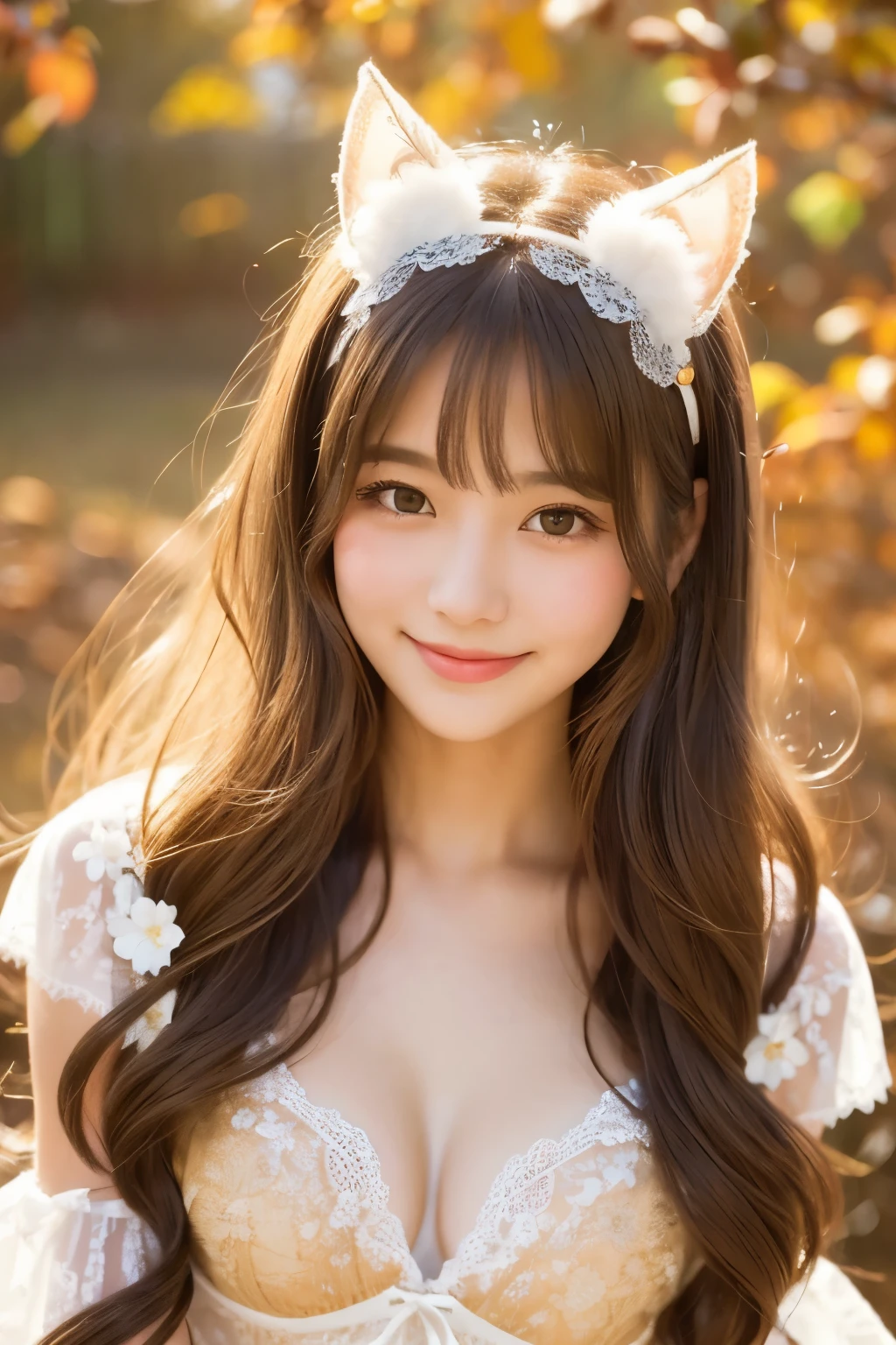 A beautiful young woman with a charming smile, dressed in delicate, lacy white lingerie adorned with floral patterns. She has long, flowing hair styled with cat ears and fluffy accessories, giving her a cute and playful appearance. The background is softly blurred with warm, golden autumnal light, highlighting her ethereal and enchanting presence. 