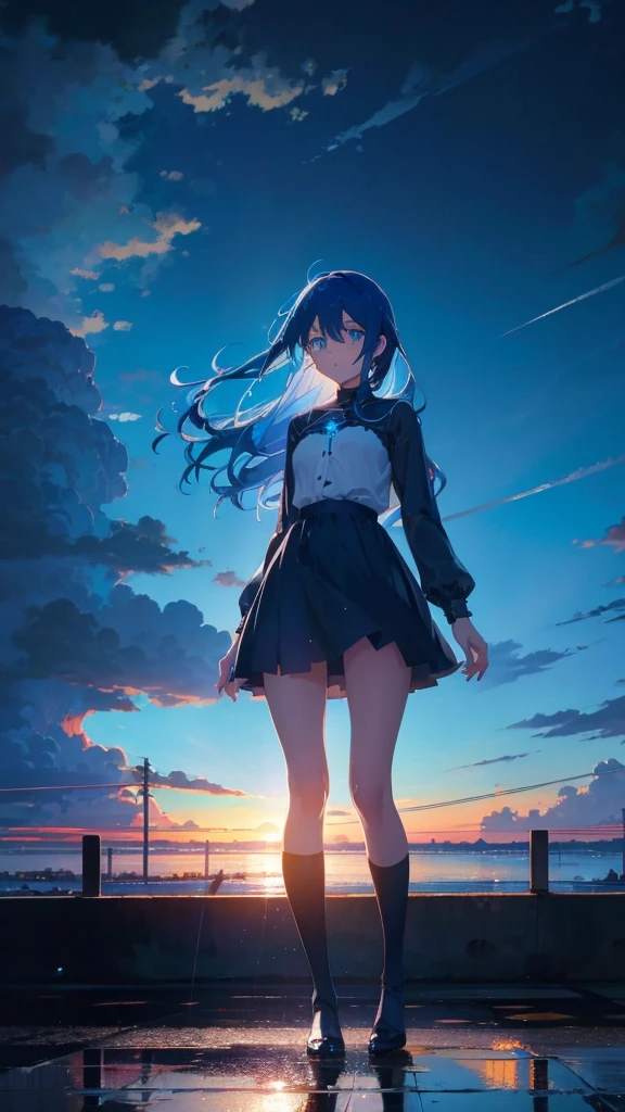 1 anime girl, alone,blue hair,Blue shining jewel eyes,Black petals flutter, A mysteriously shining butterfly.blue sky,city,Vivid blue hair,bright blue jewel eyes,thin legs,cloudy sky,rain,sad expression,sunset,rain,very clear,highest quality,Are standing,Straight Hair,morning