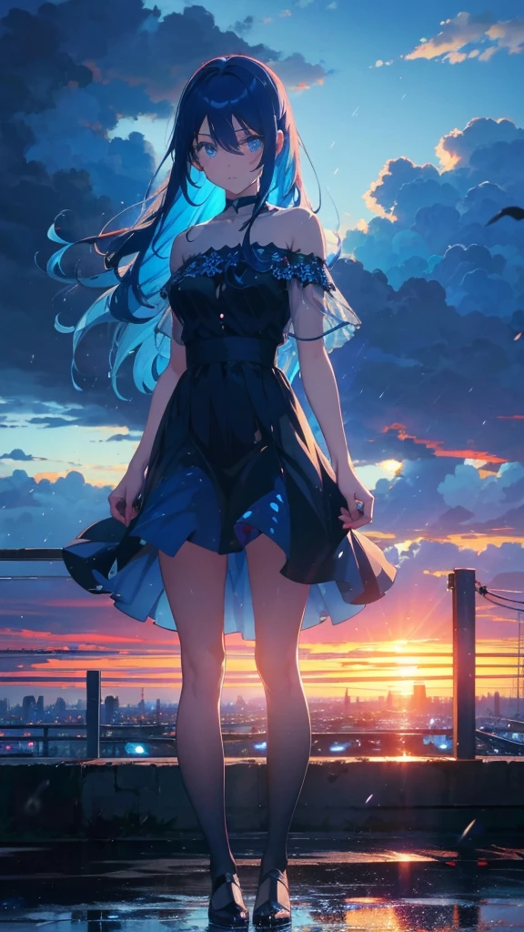 1 anime girl, alone,blue hair,Blue shining jewel eyes,Black petals flutter, A mysteriously shining butterfly.blue sky,city,Vivid blue hair,bright blue jewel eyes,thin legs,cloudy sky,rain,sad expression,sunset,rain,very clear,highest quality,Are standing,Straight Hair,morning