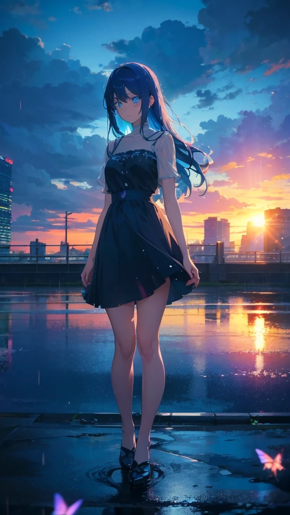 1 anime girl, alone,blue hair,Blue shining jewel eyes,Black petals flutter, A mysteriously shining butterfly.blue sky,city,Vivid blue hair,bright blue jewel eyes,thin legs,cloudy sky,rain,sad expression,sunset,rain,very clear,highest quality,Are standing,Straight Hair,morning