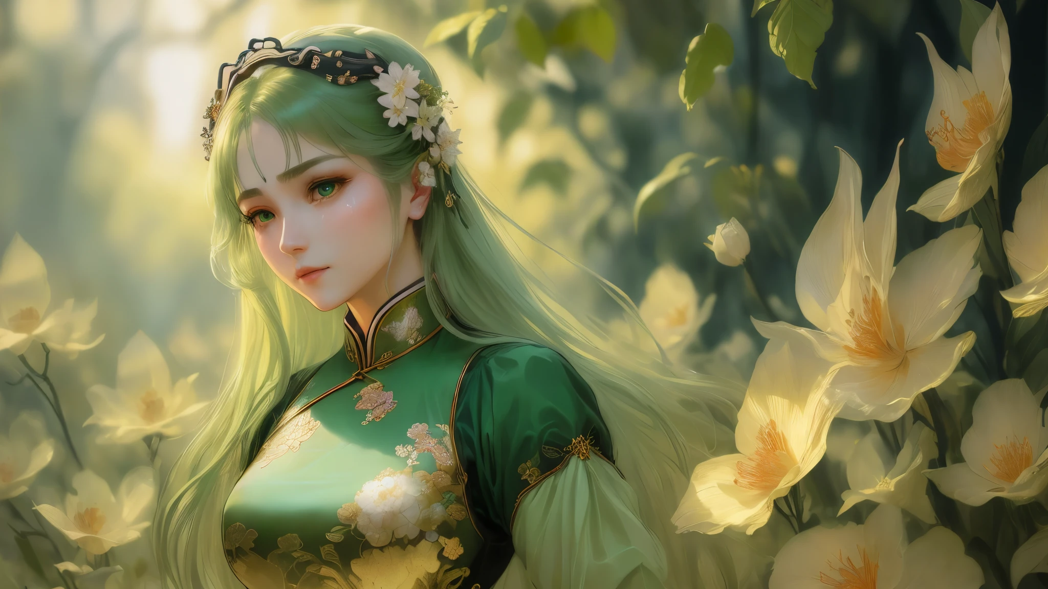 ((whole body)), samdoesarts style award winning whole body portrait of a beautiful woman, ((Perfect female face)),((China Green Clothing)), ((Green Peking Opera costumes)), (Long sleeve) summerhouse, complicatedな, (Beautiful details in the eyes, Long eyebrows),((hairpin, Twisted hair)),(sorrow), ((tears)), (Sunlight), Shadow flat illustration, The art of math, Popular on Art Station, Very detailed, Finer details, complicated, type germ、Rutkowski、Artworks of Alphonse Mucha,