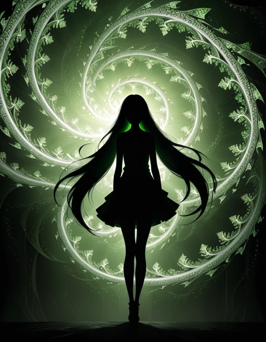 (in style of Ashley Wood:1.3),(in style of Takeshi Obata:0.9), black and white urban skyline background,protruding utility poles,solo,(a green silhouette of a young girl:1.6),minimalist silhouette,red silhouette,black and white background,wide_shot ,(elegant, ornate, hyper realistic, super detailed:1.1),(incredibly long hair fluttering in the wind:1.4)(Upside-down art,Fractal Art:1.4)