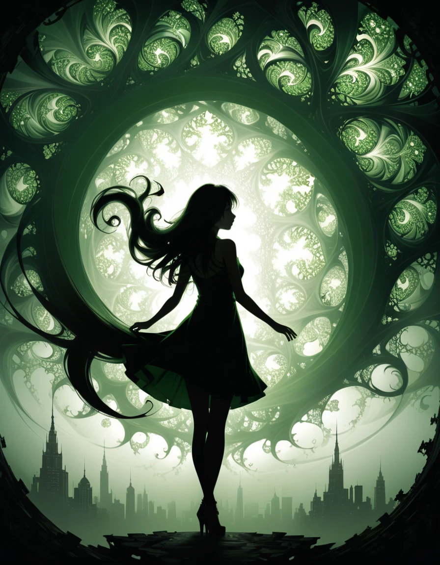 (in style of Ashley Wood:1.3),(in style of Takeshi Obata:0.9), black and white urban skyline background,protruding utility poles,solo,(a green silhouette of a young girl:1.6),minimalist silhouette,red silhouette,black and white background,wide_shot ,(elegant, ornate, hyper realistic, super detailed:1.1),(incredibly long hair fluttering in the wind:1.4)(Upside-down art,Fractal Art:1.4)