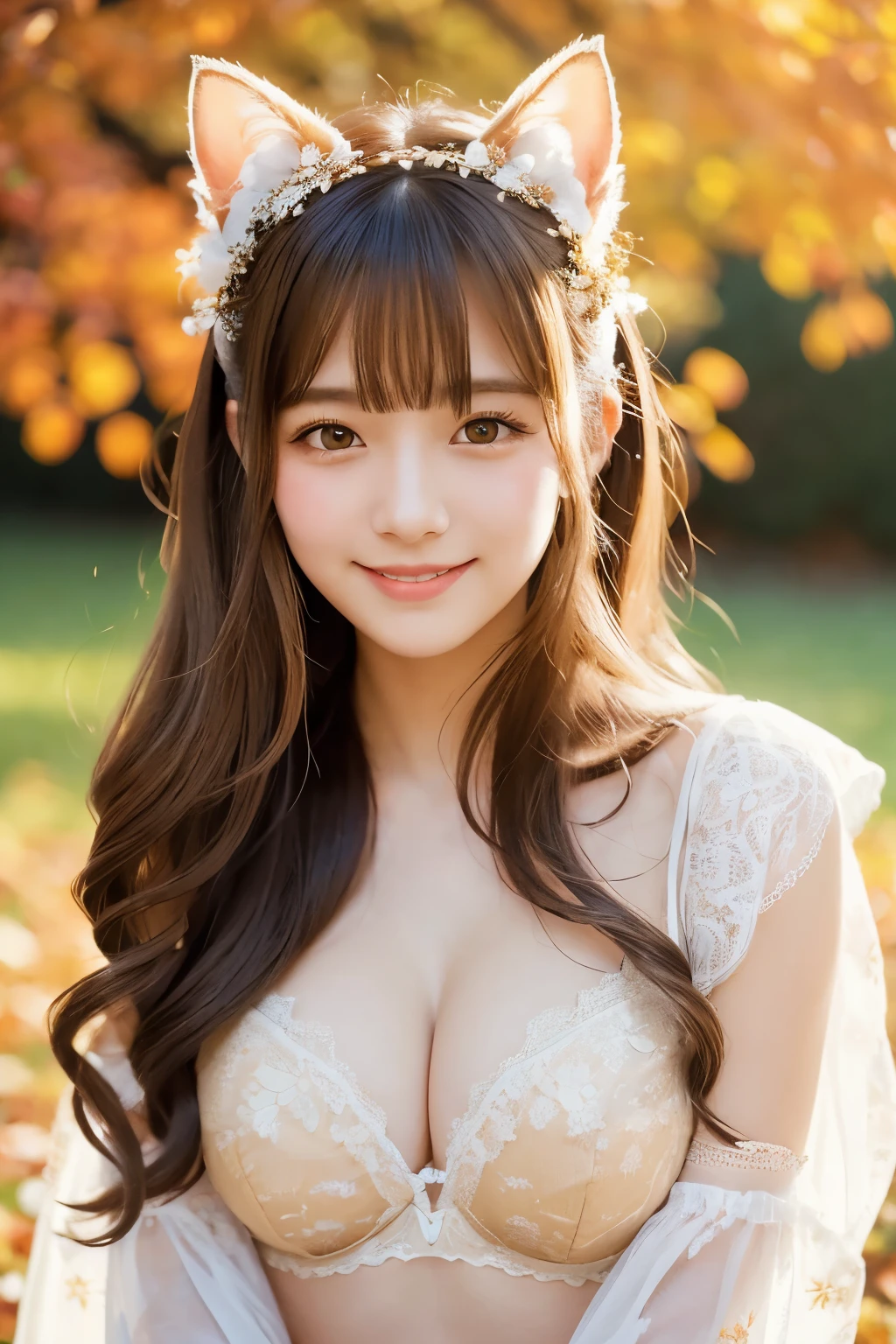 A beautiful young woman with a charming smile, dressed in delicate, lacy white lingerie adorned with floral patterns. She has long, flowing hair styled with cat ears and fluffy accessories, giving her a cute and playful appearance. The background is softly blurred with warm, golden autumnal light, highlighting her ethereal and enchanting presence.