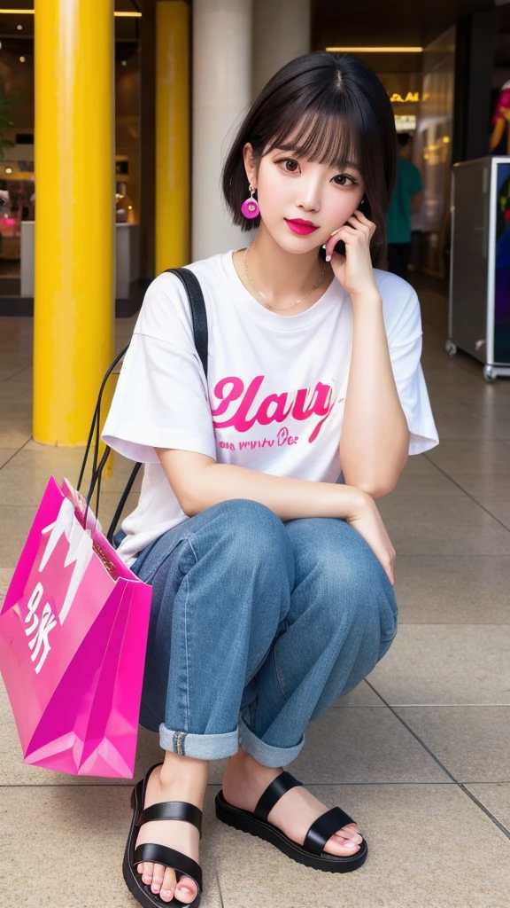 (8k, Photorealistic, Raw photo, Highest quality: 1.4),Japanese idol style1Beautiful girl of the person,20-year-old,Short bob hairstyle,Black Hair,Hang your hair over your ears,Wearing small earrings in the ears,Big, clear grey eyes,Long eyelashes,Plump Cheeks,She is wearing pink lipstick,Apply gloss over your lipstick for glossy, plump lips,Wearing a T-shirt,Wearing denim cargo pants,wearing sandals on bare feet,Shopping mall,Full body portrait