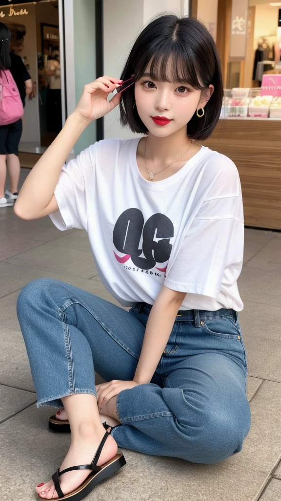 (8k, Photorealistic, Raw photo, Highest quality: 1.4),Japanese idol style1Beautiful girl of the person,20-year-old,Short bob hairstyle,Black Hair,Hang your hair over your ears,Wearing small earrings in the ears,Big, clear grey eyes,Long eyelashes,Plump Cheeks,She is wearing pink lipstick,Apply gloss over your lipstick for glossy, plump lips,Wearing a T-shirt,Wearing denim cargo pants,wearing sandals on bare feet,Shopping mall,Full body portrait