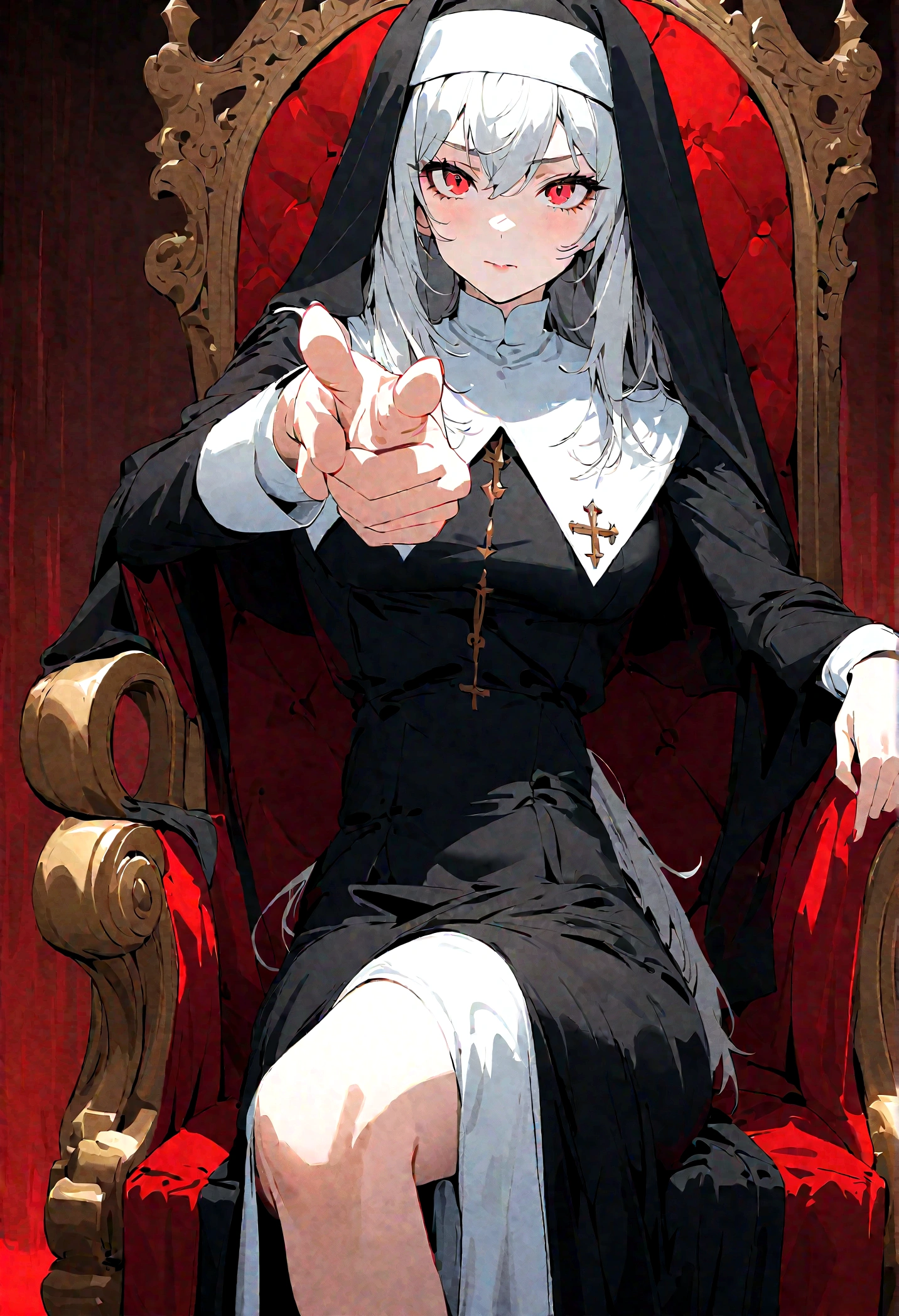 beatiful nun, scary scene,red blood background,pointing to viewer, 1female,solo,sitting on throne