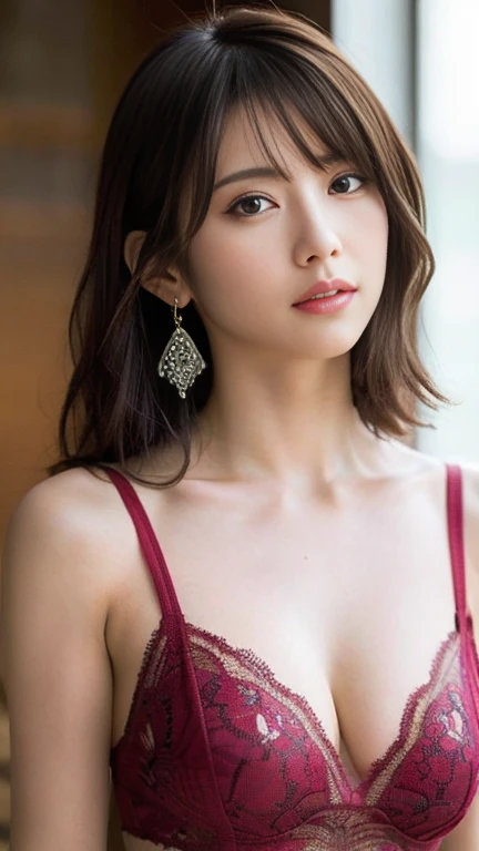 Anime-style woman, thin, thin, whole body, Full of tattoos, Lots of earrings, Beautiful and shiny hair, Rainbow Eyes, Slanted Eyes, Wavy Hair, Kind and charming, shoulderを露出させる, Delicate and sexy collarbone, Attractive oval face, double eyelid, Pink Lips, Small Nose, Concentrated face, Ultra-high resolution, Very detailed, Graceful posture, Nice, ultra-thin, Sheer raspberry Ise style Inden pattern mini dress,arm、shoulder、Tribal tattoo pattern body paint on chest，Glowing Skin, Realistic Background, sunlight