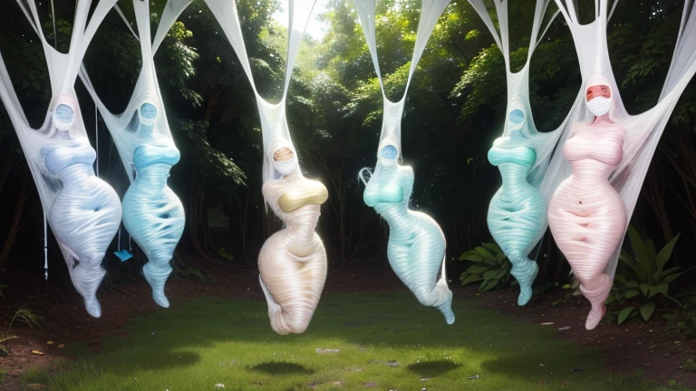 5 girls, trapped in glistening silk cocoons, suspended by spider webs mid air, dessert