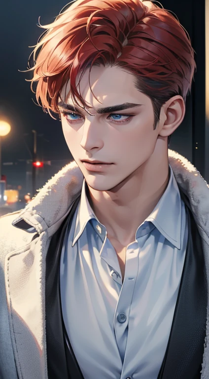 (best quality, masterpiece, 8K, photorealistic, cinematic lighting, 1:4 hdr image, ultra detailed, beautiful image), a mature man, 34 years very handsome, ((cold expression)), short red hair, blue eyes, face perfect without mistakes, ((buttoning his jacket, CEO))
