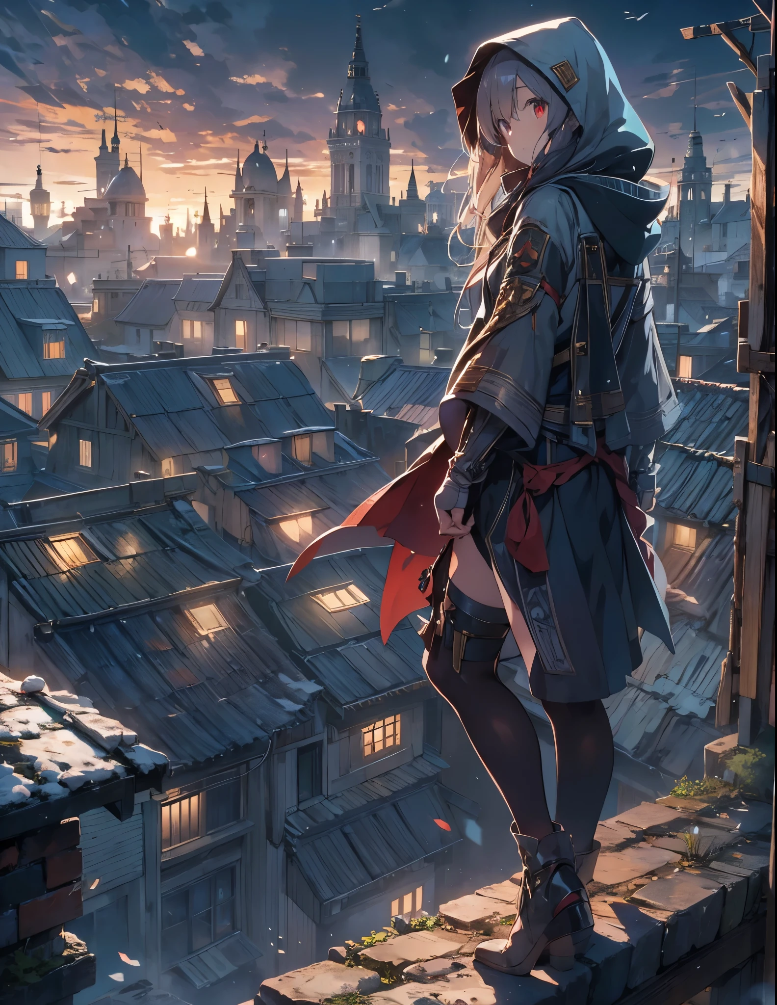 ((style:Colored pencil,pale colour))、Very detailed、(anime)、(masterpiece:1.2),atmospheric perspective,lens flare、Medieval European streets、Assassin girl standing on the roof of a building、Wearing a hood、cute、Red eyes、Your eyes shine in the moonlight、assassin girl、(Assassin's Costume)、Fantasy World