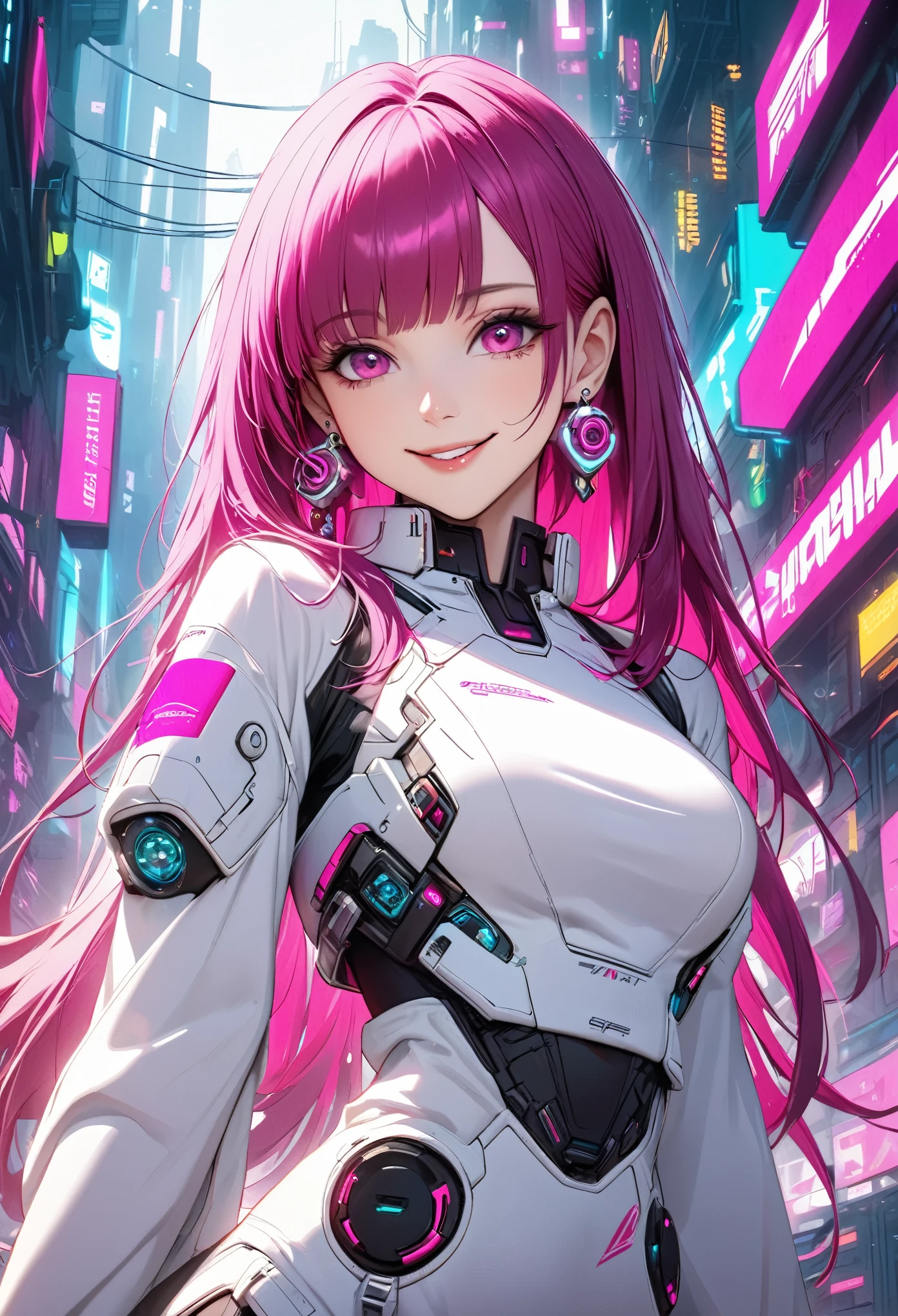 Beautiful, solo, 1 female, mature, long hair, magenta hair with bangs, hotpink eyes, white clothes, smile facial, futuristic, cyberpunk, dices, earrings