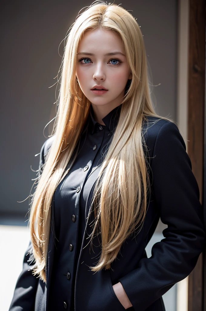 Best quality, masterpiece, ultra high res, (photorealistic:1.4), raw photo, 1girl, blonde hair, blue eyes,  detailed eyes and face, black suit, dynamic lighting, in the dark, deep shadow, low key, cowboy shot full-lenght body