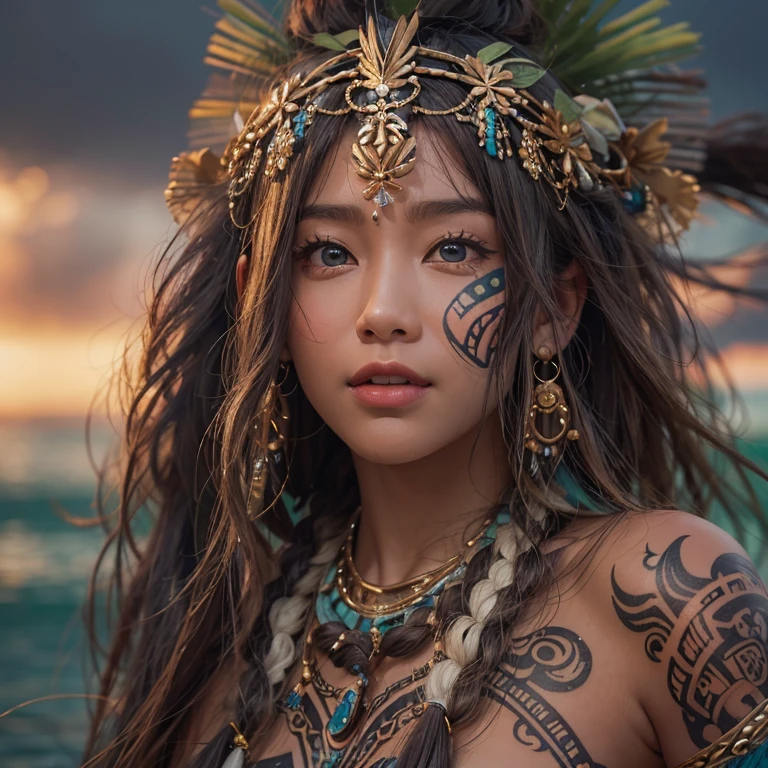Polynesian Sea、Hair blowing in the wind 、 ((highest quality、masterpiece、8k、Best image quality、Ultra-high resolution、Award-winning works)、(Accurate anatomy:1.1)、(Look at me and smile:1.0)、Shining fair skin with Ultra-high resolution、The most detailed face、Ultra-high resolution detailed face、Ultra-high resolutionの髪の毛、(Ultra-high resolution eye:1.1)、Beautiful face drawn in every detail、Polynesian Costume,Small breasts,  Polynesian Tattoo,  Polynesian canoe、Wearing Polynesian costumes:1.2.