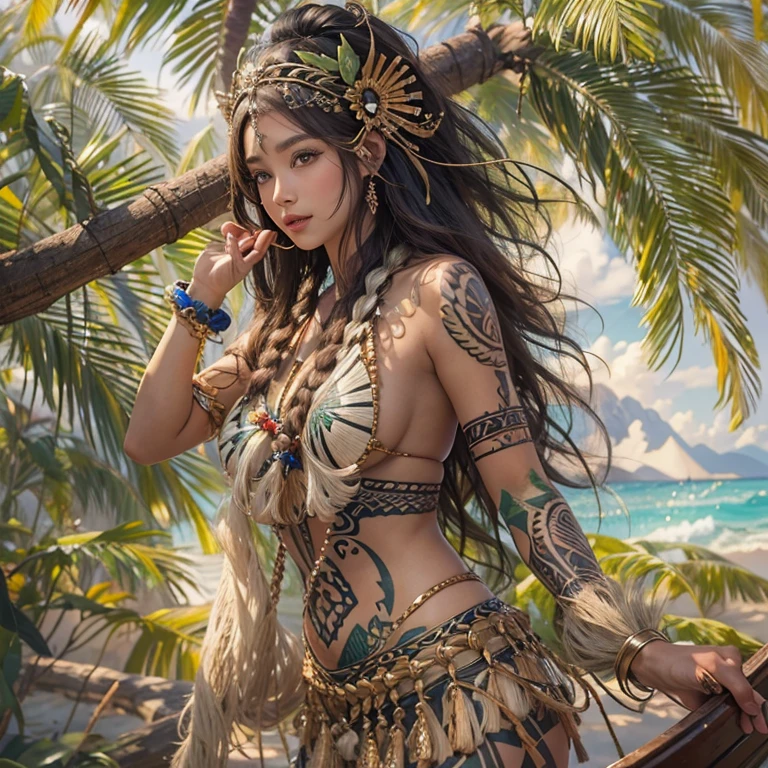 Polynesian Sea、Hair blowing in the wind 、 ((highest quality、masterpiece、8k、Best image quality、Ultra-high resolution、Award-winning works)、(Accurate anatomy:1.1)、(Look at me and smile:1.0)、Shining fair skin with Ultra-high resolution、The most detailed face、Ultra-high resolution detailed face、Ultra-high resolutionの髪の毛、(Ultra-high resolution eye:1.1)、Beautiful face drawn in every detail、Polynesian Costume,Small breasts,  Polynesian Tattoo,  Polynesian canoe、Wearing Polynesian costumes:1.2.