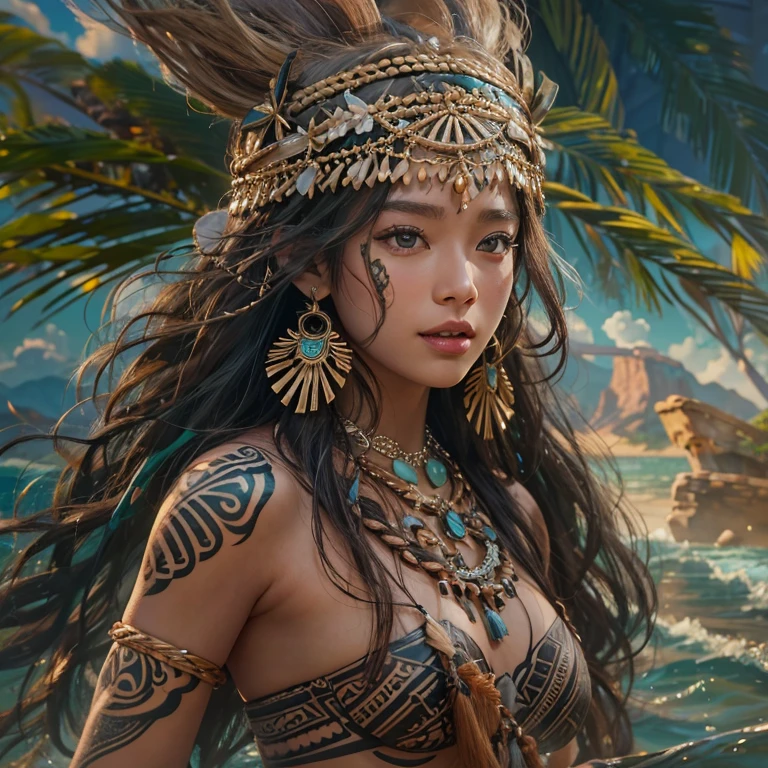 Polynesian Sea、Hair blowing in the wind 、 ((highest quality、masterpiece、8k、Best image quality、Ultra-high resolution、Award-winning works)、(Accurate anatomy:1.1)、(Look at me and smile:1.0)、Shining fair skin with Ultra-high resolution、The most detailed face、Ultra-high resolution detailed face、Ultra-high resolutionの髪の毛、(Ultra-high resolution eye:1.1)、Beautiful face drawn in every detail、Polynesian Costume,Small breasts, Polynesian Tattoo, Polynesian canoe、Wearing Polynesian costumes:1.2.
