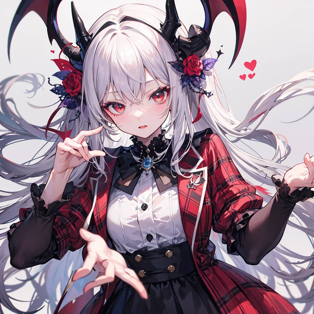 vampire, tooth, Checked dress, Super gorgeous, Very detailed, Complex hairstyles, bow, changeta fashion, changeta style, Anime Girl Cosplay, change, cute, Cute as an angel, , portrait of changeta girl, Red plaid, And 2k, Y2K, Emo Style, fringe faction, Red plaid, Mine Girl, Harajuku Style, Exaggerated clothing, Elaborate decoration, Rock Style, Gothic style, Devil horns, A vine wrapped around my hand, thorn rose