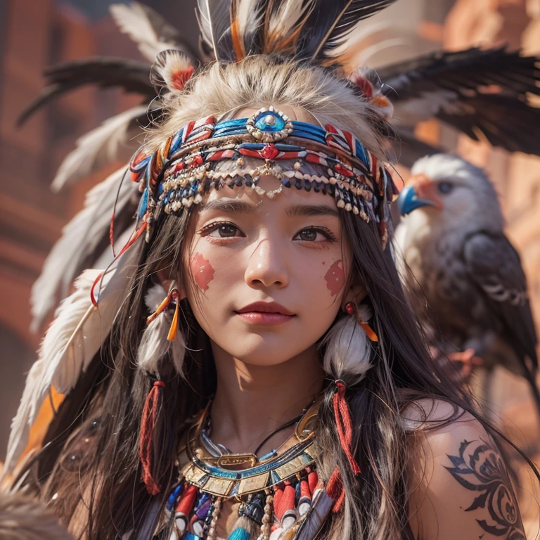 At the Grand Canyon、Hair flow、 ((highest quality、masterpiece、8k、Best image quality、Ultra-high resolution、Award-winning works)、(Accurate anatomy:1.1)、(Look at me and smile:1.1)、Shining fair skin with Ultra-high resolution、The most detailed face、Ultra-high resolution detailed face、Ultra-high resolutionの髪の毛、(Ultra-high resolutionの煌めく瞳:1.1)、Beautiful face drawn in every detail、(Blurred Background:1.1)、Native American Costume, American Indian Clothing, Chest to chest, tattoo、A real giant condor next to you。