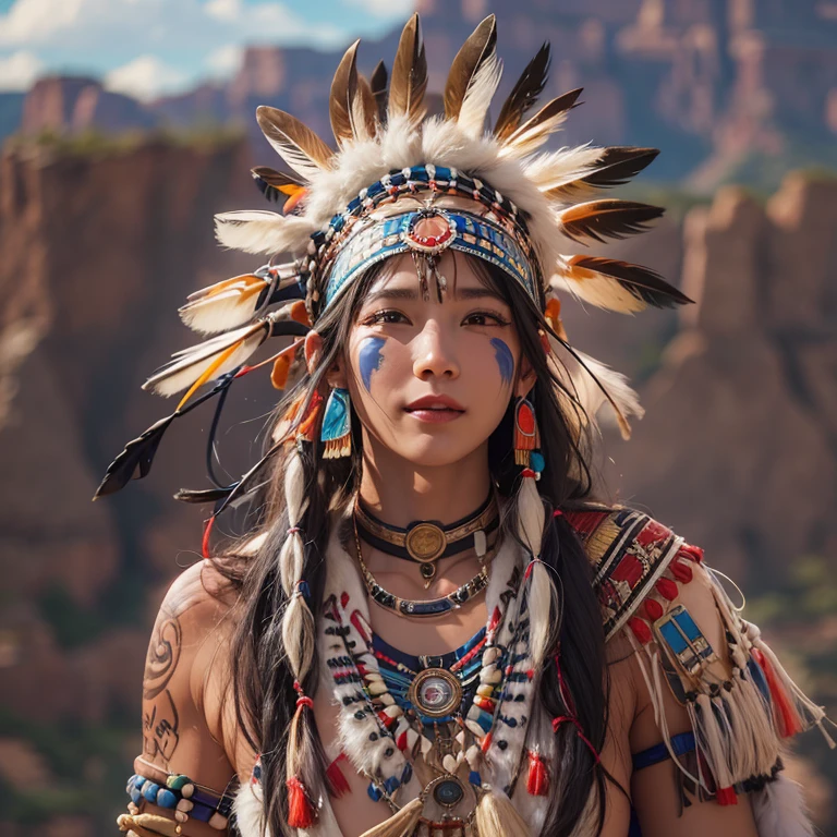At the Grand Canyon、Hair flow、 ((highest quality、masterpiece、8k、Best image quality、Ultra-high resolution、Award-winning works)、(Accurate anatomy:1.1)、(Look at me and smile:1.1)、Shining fair skin with Ultra-high resolution、The most detailed face、Ultra-high resolution detailed face、Ultra-high resolutionの髪の毛、(Ultra-high resolutionの煌めく瞳:1.1)、Beautiful face drawn in every detail、(Blurred Background:1.1)、Native American Costume, American Indian Clothing, Chest to chest, tattoo、A real giant condor next to you。
