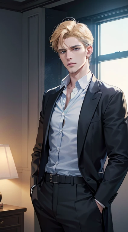 (best quality, masterpiece, 8K, photorealistic, cinematic lighting, 1:4 hdr image, ultra detailed, beautiful image), a mature man, 34 years very handsome, ((cold expression)), short golden hair, blue eyes, face perfect without mistakes, ((buttoning his jacket, CEO))