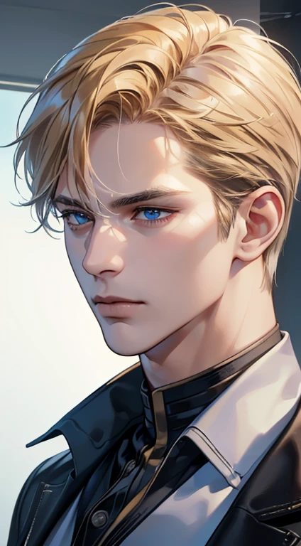 (best quality, masterpiece, 8K, photorealistic, cinematic lighting, 1:4 hdr image, ultra detailed, beautiful image), a mature man, 34 years very handsome, ((cold expression)), short golden hair, blue eyes, face perfect without mistakes, ((buttoning his jacket, CEO))