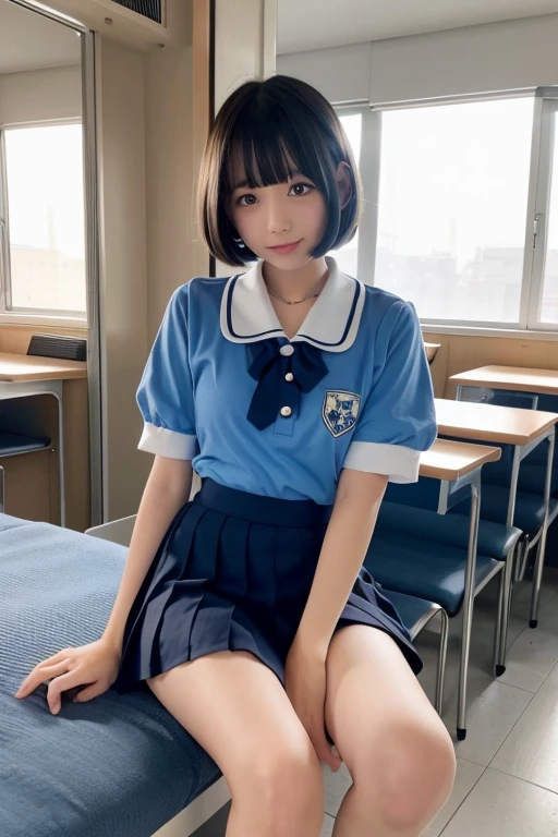 Cute Girls、high school girl、uniform、Bob Hair Mini Skirt、See-through、sit