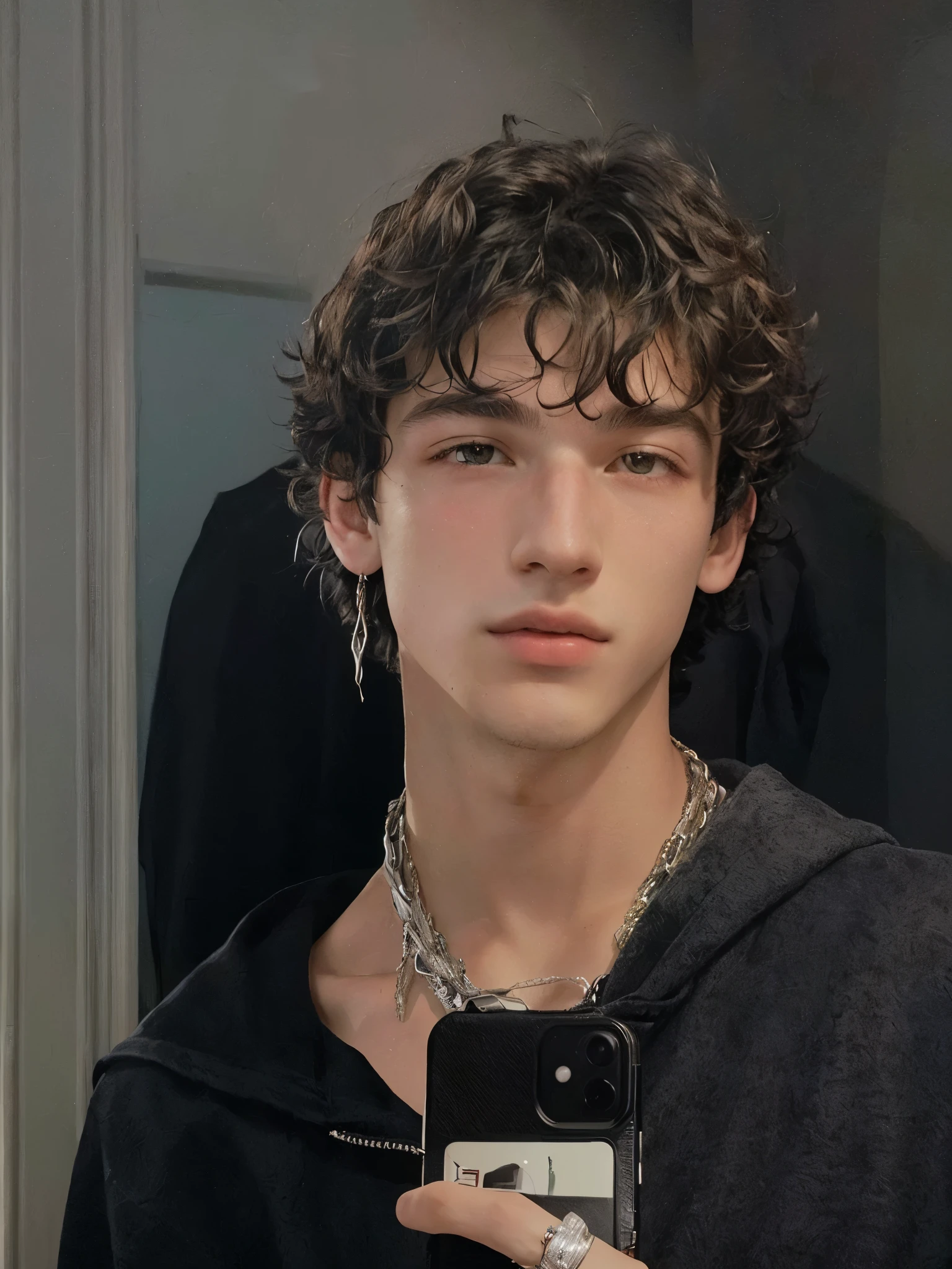 homem arafiado com capuz preto tirando uma selfie no espelho, ele tem cabelo castanho curto e encaracolado, 1 Menino de 7 anos, rosto magro, ele parece o Tye Sheridan, Cai Xukun, Finn Wolfhard, corte de cabelo cacheado com parte do meio, Tommy 1 6 anos, taken at the beginning of 2020, delicate androgynous prince